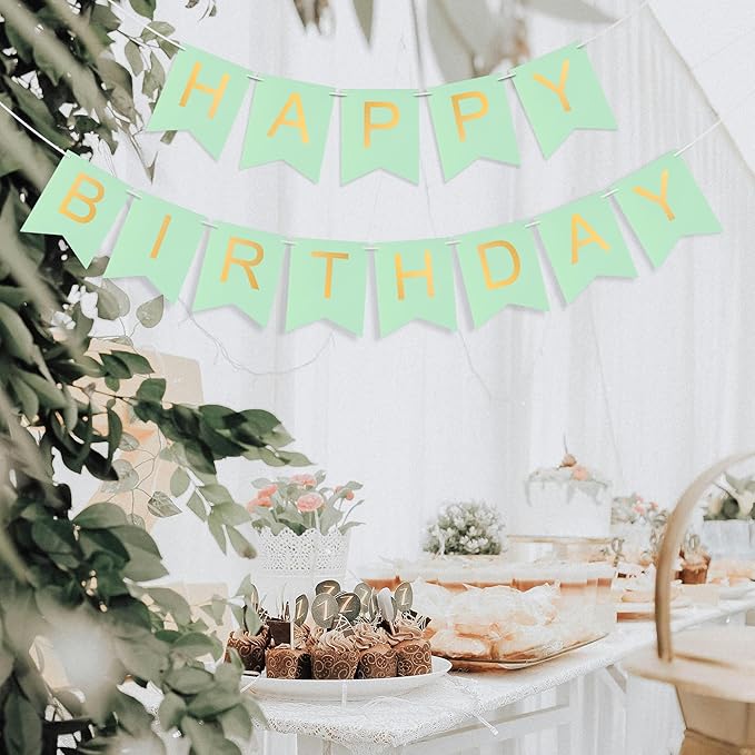 Green Happy Birthday Banner - Mint Green Hanging Backdrop Sign with Gold Letters, Happy Birthday Sign Bunting Decorations for Women men Kids Baby Shower Party Supplies (13pcs)