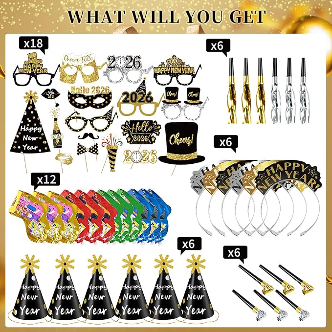 MOVINPE 2026 New Years Eve Party Supplies Set Serve 12, Happy New Year Party Cone Hats, Tiaras, Inflatable Fireworks Gun, Photo Booth Props, Squawkers, Blowouts, Eve Party Favors for Kids Adults