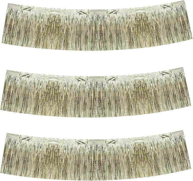 BEISHIDA 3 Packs Metallic Foil Fringe Garland Laser Champagne Wall Hanging Tinsel Fringe Banners for Car Floats Birthday Baby Bridal Shower Wedding Graduation Holiday Party Decoration(30 Feet)