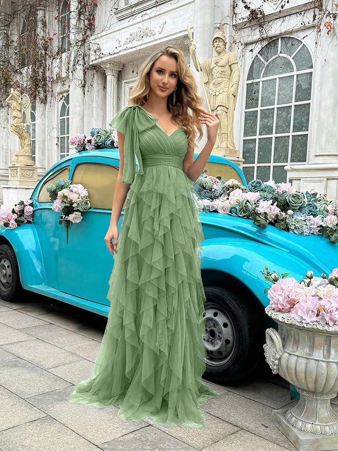 Summer Women Tulle Prom Dress Elegant Bow One Shoulder Slit Evening Party Gown Wedding Guest Bridesmaid Maxi Dress