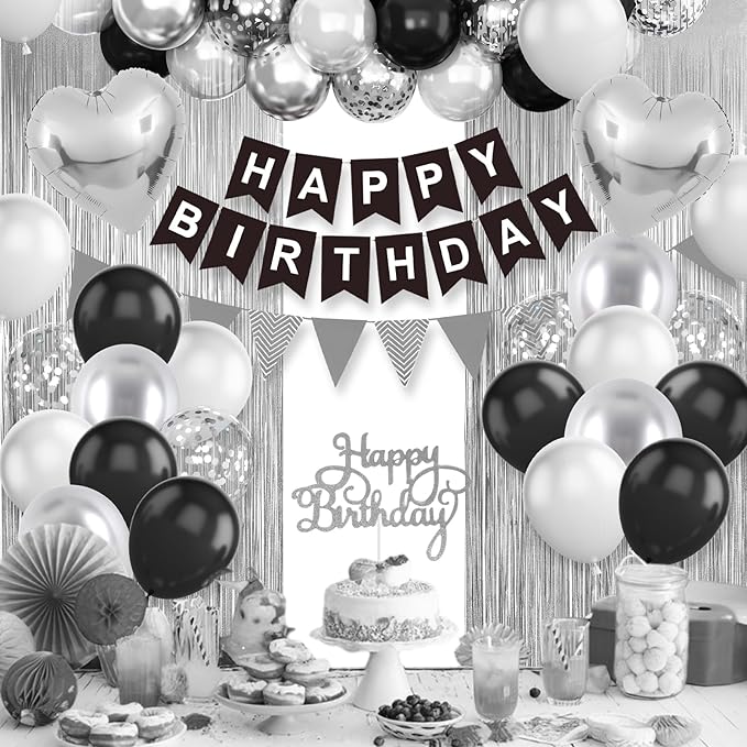 Black Silver Birthday Decorations,Happy Birthday Banner Black and Silver Balloons Fringe Curtain Heart Foil Balloons for Men Women Boys Girls