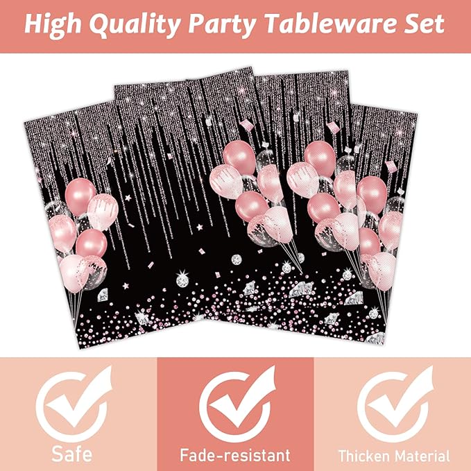 Chiazllta 96 Pcs Black & Rose Gold Party Paper Plate and Napkins - Pink Rose Gold Birthday Party Table Decoration Supplies - Pink Glitter Paper Plate Napkin Fork for 24 Guests