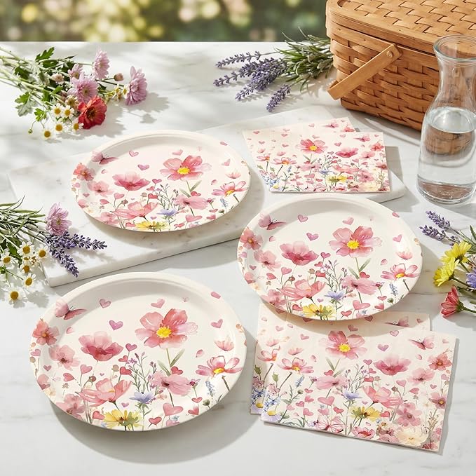 Spring Flowers Plates and Napkins Sets Pink Floral Party Supplies Wildflower 9inch 20pcs Paper Plates and 20pcs Napkins Tableware Party Decorations for Anniversary Wedding Birthday