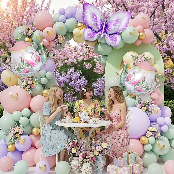 Tea Party Decorations, 154Pcs Tea Party Balloon Arch Garland Kit with Pastel Pink Yellow Green Balloons Teapot Butterfly Foil Balloon for Girls Birthday Let's Par Tea Spring Garden Party Decorations