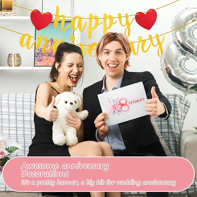Happy Anniversary Banner, Glitter Wedding Anniversary Romantic Decorations No DIY Banners for Baby Shower Couples Birthday Party New Year(Gold)