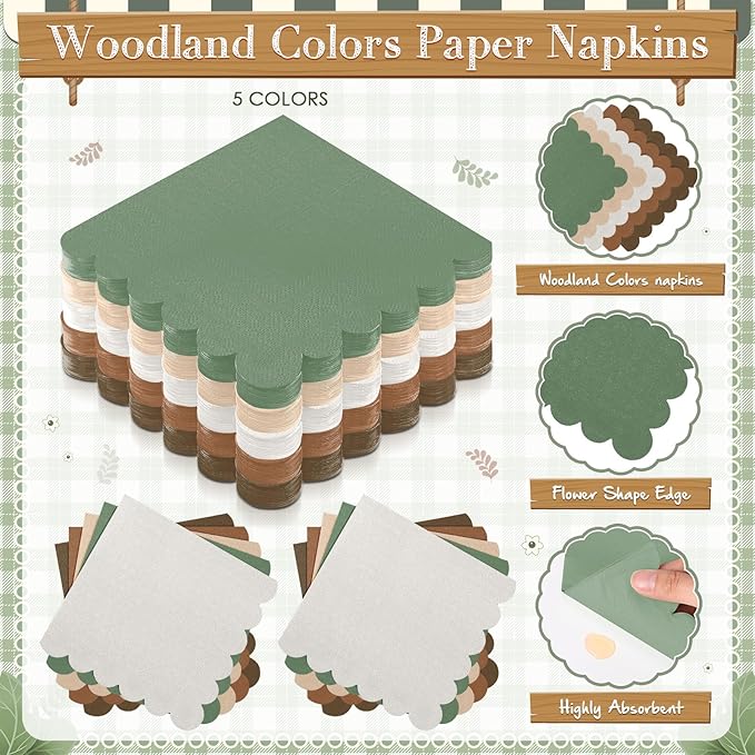 Zhehao 175 Pcs Woodland Party Supplies Set Green and Brown Disposable Tableware Kit with Plates, Cups, Napkins, Cutlery in Natural Earth Tones for Baby Shower, Birthday, Wedding Forest Events