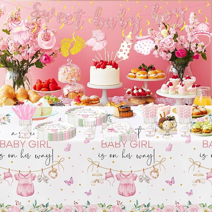 Pink Baby Girl Baby Shower Decorations, Floral Sweet Baby Girl Party Supplies, Plate, Napkin, Cup, Tablecloth, Banner, Swirls, Cutlery, Girl Gender Reveal Table Decorations, Serves 24