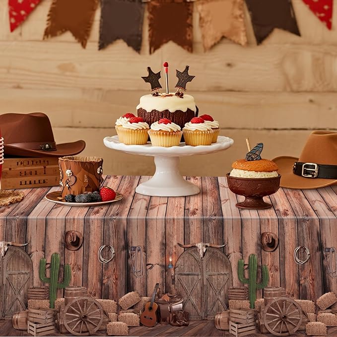 Western Party Tablecloths, 54 x 108 Inch Disposable Plastic Cowboy Table Cover for Rustic Farmhouse, West Wooden House, Western Theme Birthday Decorations Outdoor Indoor Party