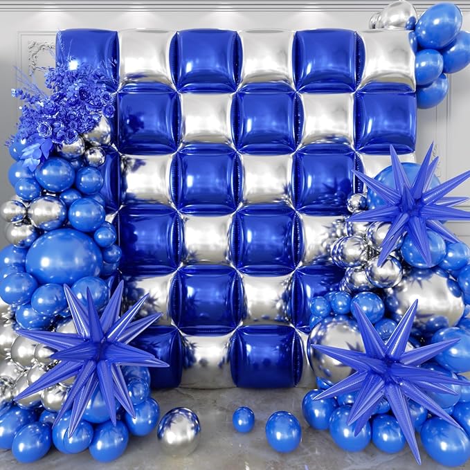 50pcs Navy Blue and Silver Square Foil Balloons Wall Backdrop with 147pcs Dark Blue and Silver Balloon Garland Arch Kit, Double Sided Balloon Tunnel for Birthday Graduation Party Decorations