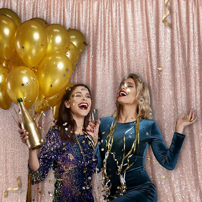 PartyDelight Rose Gold Sequin Backdrop 8x8ft - High Density 3mm Shimmer Sequin Background with 4-Inch Rod Pocket, Sparkly Photography Curtain for Wedding, Gala, Birthday & Large Event Decoration