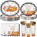 Havawish 350 Pcs Fall Thanksgiving Party Supplies Give Thanks Tableware Set Black White Buffalo Plaids Pumpkin Disposable Oval Plates Cups Napkins Fork Knife Spoon Dinnerware for Autumn Table Decor