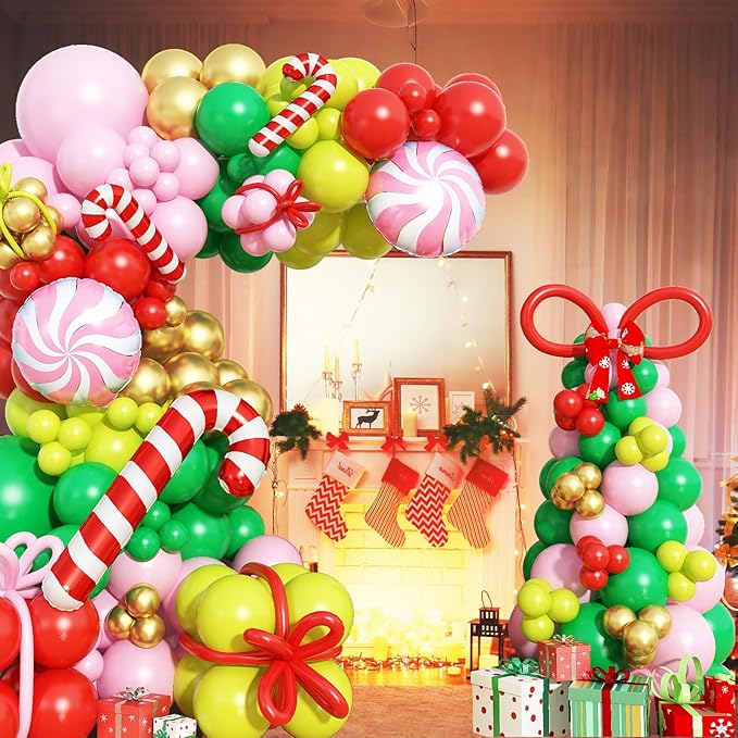 Christmas Balloon Arch Garland Kit, 123Pcs Long Green Red Paster Pink Gold Xmas Balloons with Candy Cane Foil Balloon for Merry Christmas Holiday Birthday Baby Shower Winter New Year Party Decorations