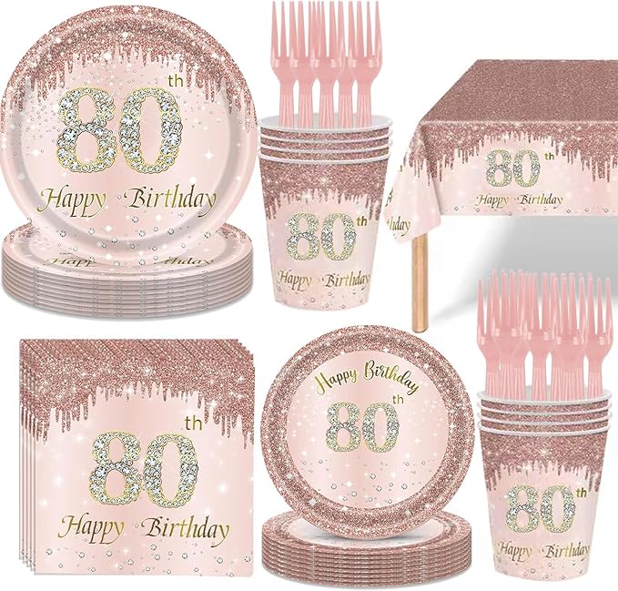 121Pcs 80th Birthday Party Supplies Plates Napkins Cups Forks Tablecloth Rose Gold Happy 80th Birthday Themed Disposable Tableware Decorations Serves 24 Guests for Women 80 Years
