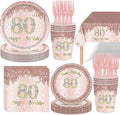 121Pcs 80th Birthday Party Supplies Plates Napkins Cups Forks Tablecloth Rose Gold Happy 80th Birthday Themed Disposable Tableware Decorations Serves 24 Guests for Women 80 Years