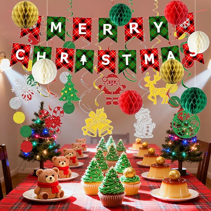 Christmas Party Decorations, Xmas Party Supplies, Merry Christmas Banner, Honeycomb Balls, Xmas Theme Hanging Swirls, Circle Dots Garland, for Outdoor Indoor Home Mantle Fireplace Decor