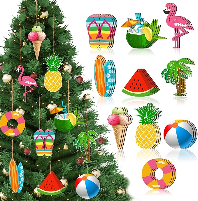 Chunful 30 Pieces Summer Tree Ornaments Christmas in July Wood Hanging Decoration Beach Wooden Slices Winter Tree Ornaments with String for Luau Hawaiian Party Supplies (Cute Style)