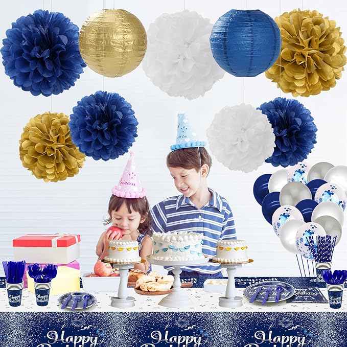 Navy Blue Gold White Paper Flowers Tissue Pom Poms Honeycomb Lanterns 15pcs Royal Party Decorations Birthday Wedding Baby Bridal Shower Bachelorette Graduation Hanging Supplies Mprocherify