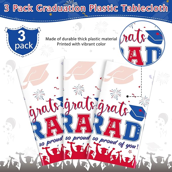 3 Pack Graduation Tablecloth Party Decorations, Class of 2026 Congrats Grad Plastic Tablecover Party Supplies, Blue and Red Rectangle Graduation Table Decor for College High School Party, 54x108Inch
