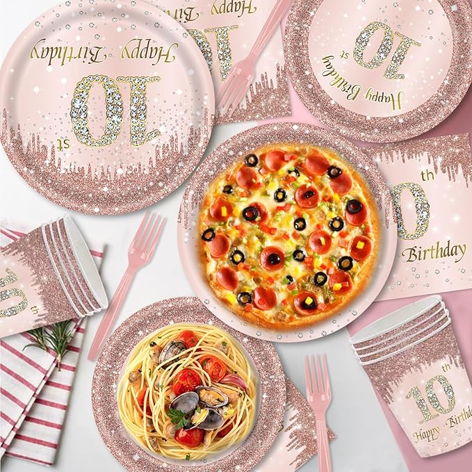 121Pcs 10th Birthday Party Supplies Plates Napkins Cups Forks Tablecloth Rose Gold Happy 10th Birthday Themed Disposable Tableware Decorations Serves 24 Guests for Girls 10 Years Old Birthday