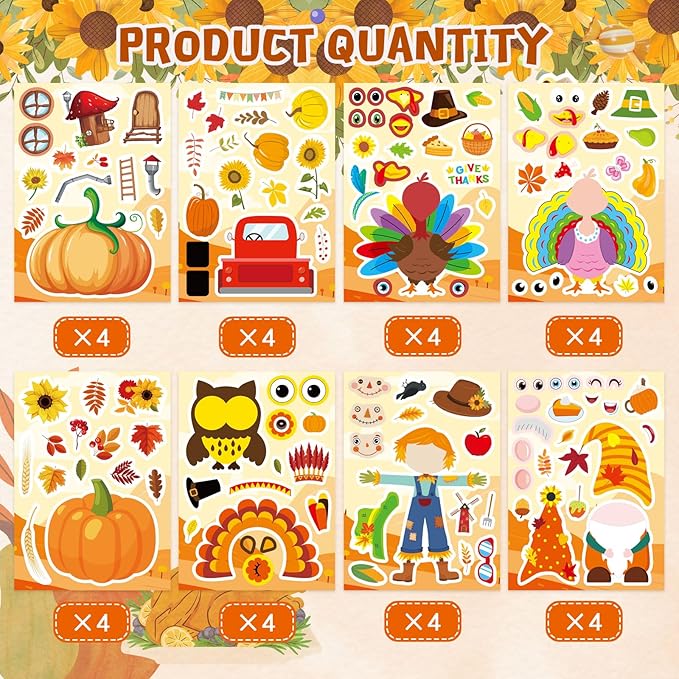 24 PCS Thanksgiving Stickers, Make a Turkey Face Stickers for Kids, Make Your Own Sticker Thanksgiving Party Favors Supplies, Fall Autumn Harvest Pumpkin Sticker