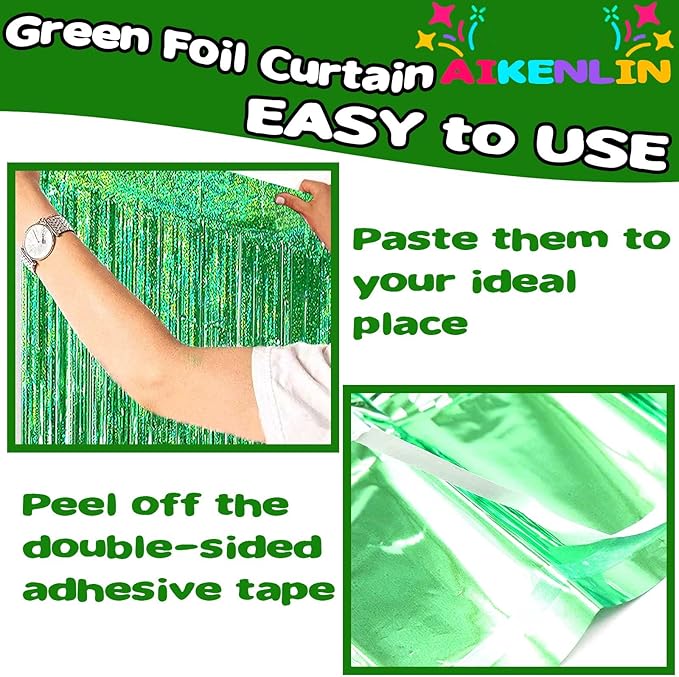 4 Pack 3.3Ft x 6.6Ft Green Foil Fringe Curtain Backdrop, Metallic Tinsel Foil Fringe Streamers Curtains Background for Photo Booth, Birthday, Wedding, Halloween, Christmas Party Decoration