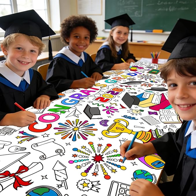 Graduatio Giant Coloring Poster,30x72 Inch Graduation Drawing Coloring Tablecloth DIY for Kids Preschool Graduation Activities Home Classroom Party Suppiles Large Congrats Card Coloring Table Cover