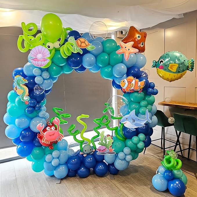 Under the Sea Balloons Arch Kit, 152PCS Ocean Balloon Garland Kit With Different Sea Animals Stickers for Ocean Theme Party Decorations