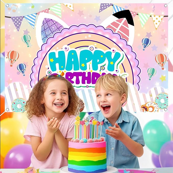 5x3ft Cute Cartoon Cat Theme Backdrop Cartoon Photography Background Kids Boys Girls Birthday Party Decorations Photo Booth Banner Props