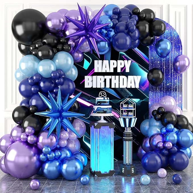Black Purple Blue Balloon Arch Garland Kit, Metallic Blue Purple Balloons Kit with Stars Foil Balloon for Video Game Theme Party Birthday Baby Shower Engagement Decor Supplies