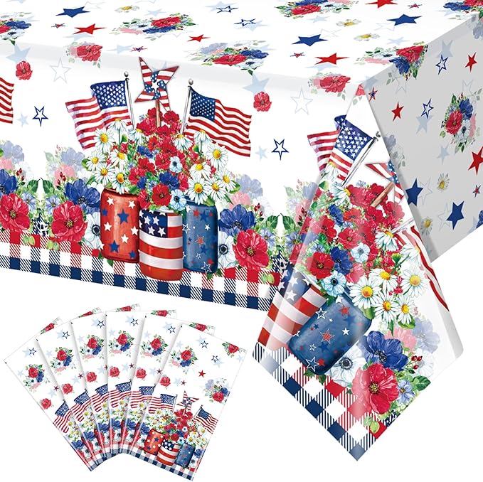 6 Pack 4th of July Tablecloth Decorations, Vase Flower Patriotic Plastic Table Cover, Red White and Blue Decorations with Star Stripe Sign for Patriotic Independence Veterans Memorial Day, 54x108 Inch