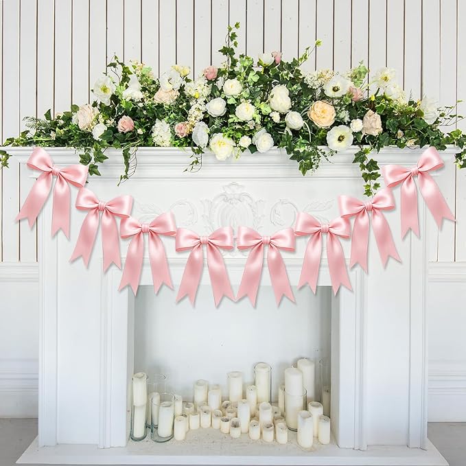 2 Strings of 16PCS Pink Bow Garlands Banner Decoration,Pre-Strung Satin Ribbon Ornaments for Birthday,Bachelorette Party,Bridal Shower, Wedding,Engagement,Baby Shower, Graduation Deco,Anniversary