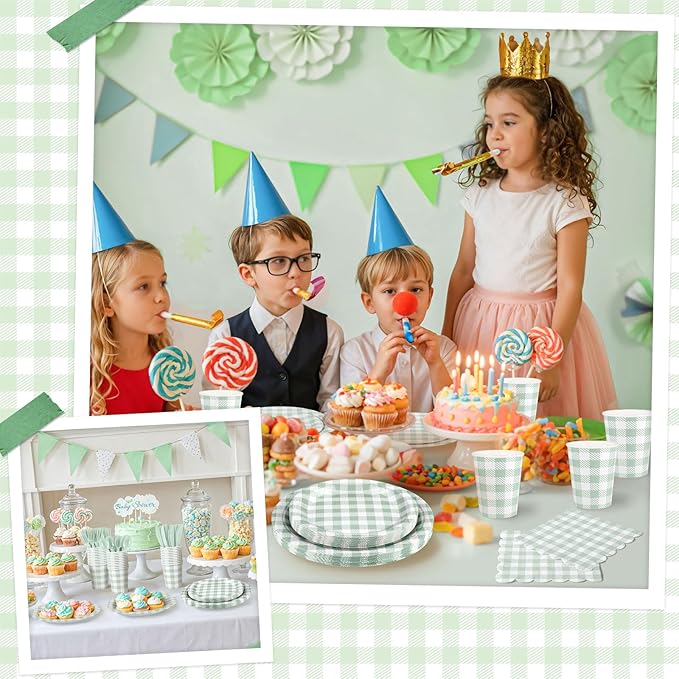 175 Pcs Gingham Paper Plates, Sage Green Baby Shower Decorations Include Sage Green Plates and Napkins Disposable Checkered Dinnerware Set for Bridal Shower, Wedding, Birthday