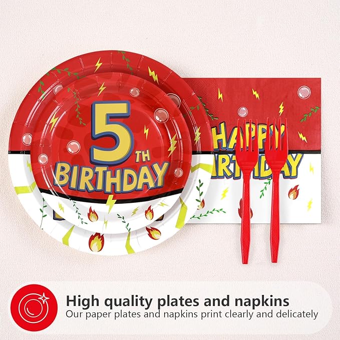 Grencian 96Pcs 5th Cartoon Happy Birthday Party Supplies Red and White Paper Plates and Napkins Tableware Sets Large Anime Themed Decoration for Birthday Cartoon Kids Children Party Serves 24