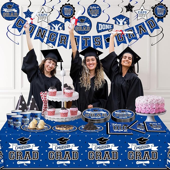 DAZONGE Graduation Decorations 2026 Blue, 265pcs Graduation Party Decorations 2026, Disposable Tableware Set for 50 Guests, Plates, Cups, Tablecloth with Congrats Grad Hanging Decor