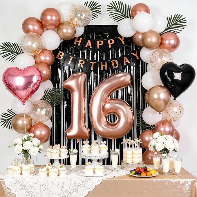 16th Birthday Decorations for Girls - Rose Gold, Black and Hot Pink Party Supplies Set with Happy 16th Banner, Number 16 Balloons and Foil Fringe Curtains - 16 Year Old Celebration Kit