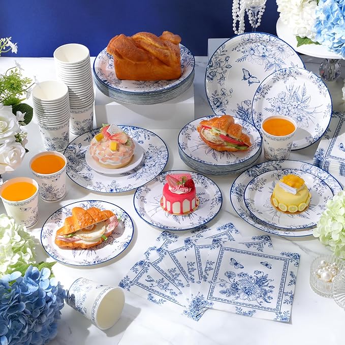 Pickmesh 250 Pcs Blue Floral Party Disposable Tableware Set Paper Plates and Napkins Cups Supplies Tea Party Theme Dinner Dinnerware for Birthday Bridal Baby Shower wedding Decoration Serves 50