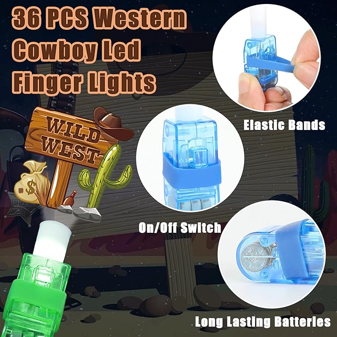 36 PCS Western Party Favors Cowboy LED Light Up Finger Lights, Glow in the Dark Wild West Party Finger Flashlight Bulk for Last Rodeo Goodie Treat Bags Stuffers Vintage Cowgirl Birthday Party Supplies