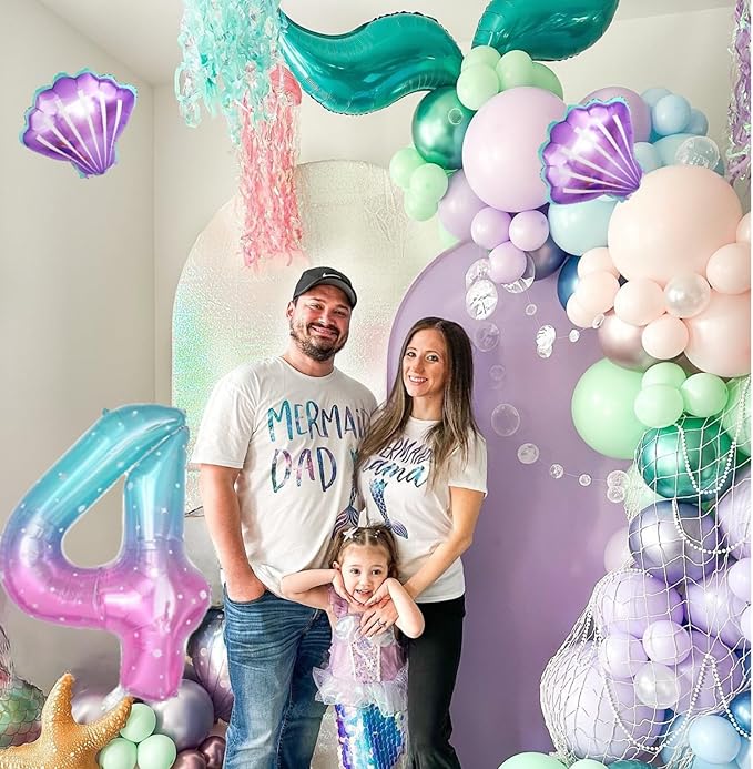 4th Mermaid Birthday Decoration for Girls,Pink Purple Green 4th Birthday Balloon Number 4 Seashell Foil Balloons Banner Mermaid Sea Party Decor Supplies for 4 Year Old