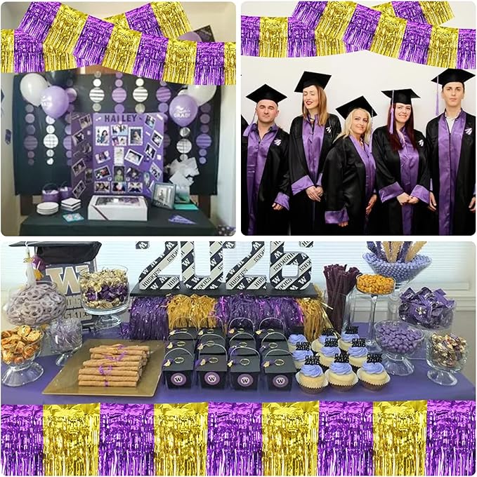 BEISHIDA 3 Packs Metallic Foil Fringe Garland Purple Gold Wall Hanging Tinsel Fringe Banners for Car Floats Bridal Shower Wedding Birthday Graduation Holiday Party Decoration(30 Feet)