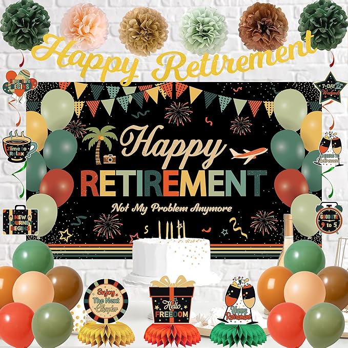 Vlipoeasn Retirement Decorations for Men Women, Colorful Vintage Retirement Party Set with Backdrop Banner Honeycomb Centerpieces Hanging Swirls, Office Retired Farewell Decor