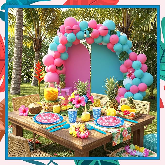 LemonRoad 168pcs Hawaiian Blue Pink Cartoon Birthday Party Supplies Disposable Tableware Set Serve 24 Guests Include Paper Plates Cups Napkins Plastic Spoons Forks Knives for Christmas Party Summer
