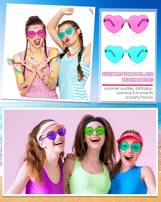 Photect 12 Pair Heart Shaped Sunglasses Neon Color Transparent Heart Glasses for Women Party Favor