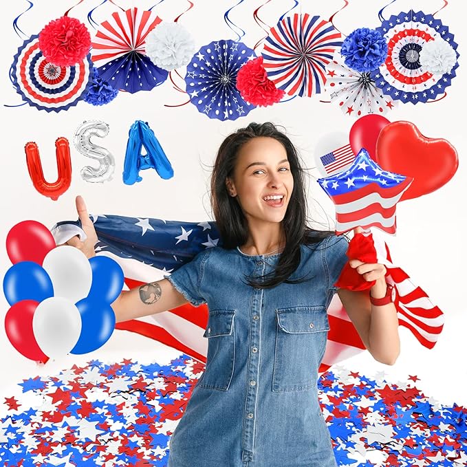 52 Pieces 4th of July Decorations Set - Red White Blue American Flag Hanging Honeycomb Paper Fans, Pom Poms, Swirls, Latex Balloons, Foil Letter / Heart / Stars Balloons, Star Streamer Party Supplies