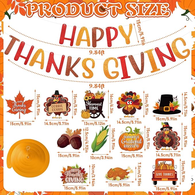 Happy Thanksgiving Banner Hanging Swirls Decorations Thanksgiving Fall Party Banner Turkey Pumpkin Maple Leaf Hanging Decorations for Home Office Indoor Classroom Party