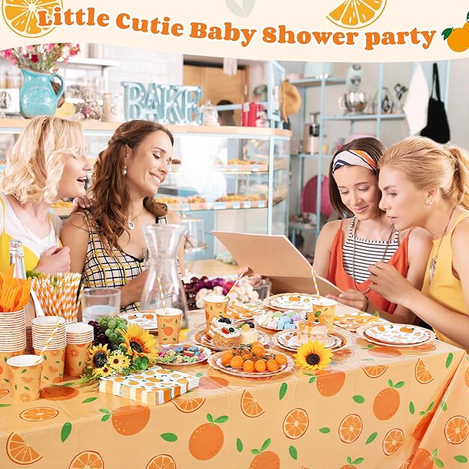 Ceenna 452 Pcs Orange Theme Party Supplies for 50, Little Cutie Is on the Way Paper Plates Napkins Cups Tablecloth Cutlery Straw Disposable Tableware for Summer Birthday Baby Shower Party Decoration