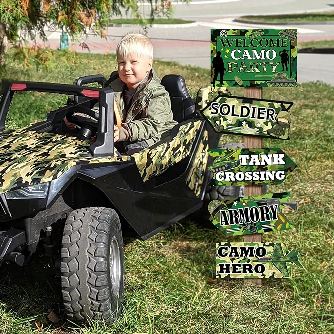 Hooqict 20 Pieces Camo Party Signs Army Birthday Party Decorations Camouflage Military Birthday Party Supplies for Boys Men Army Themed Directional Sign