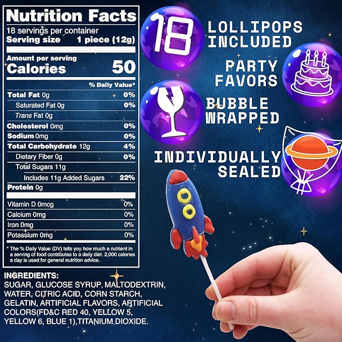 Space Lollipops, Galaxy Themed Birthday Party Treats, Individually Wrapped Candy Rocket, Earth, Saturn & Astronaut Suckers, 18 Pieces