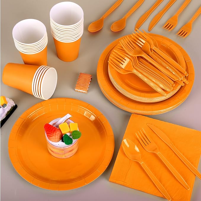 ADXCO 169-Piece Orange Party Pack: Plates, Cups, Napkins, Utensils, Tablecloth for 24 Guests - Orange Wedding or Birthday Party Decorations