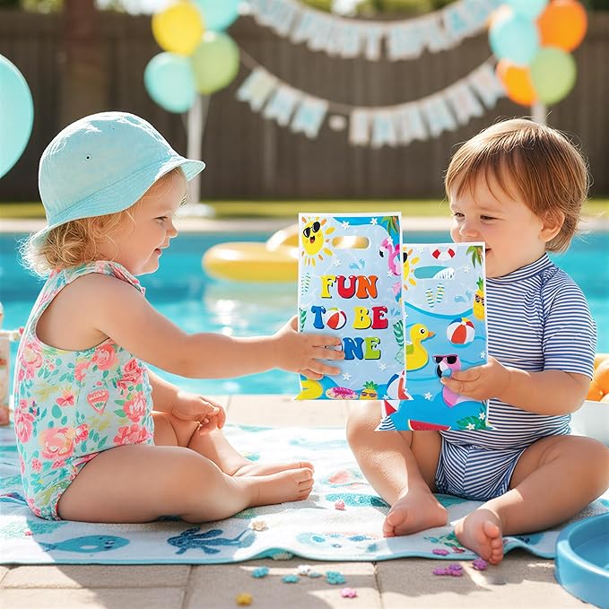 Summer Pool Party Favor Bag - 50Pcs Summer Fun to Be One Goodie Candy Treat Gift Bag Beach Ball First Birthday Theme Party Decoration for Kids Beach 1st Birthday Hawaiian Swimming Pool Events Supplies
