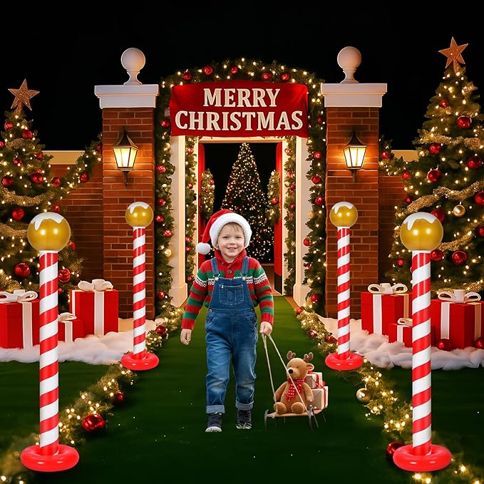 4 Pcs Christmas Inflatable Outdoor Decorations 4.3 FT Christmas North Pole Inflatable Column Decoration for Winter Xmas Lawn Yard Garden Home Decor
